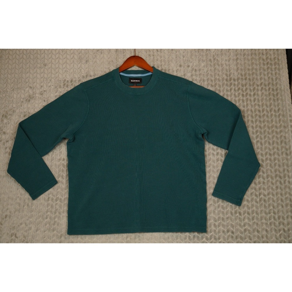 Bonobos Sweater Mens Large Green Waffle Knit Thermal Crewneck Cotton Pullover‎